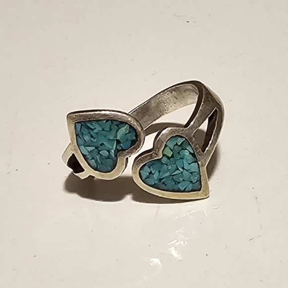Jewelry - Adjustable Sterling Silver And Turquoise Heart Ring Vintage 1970s